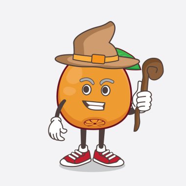 Göbek portakalı çizgi film maskotu karakterinin çizimi. Şapka ve asa takan bir cadı.