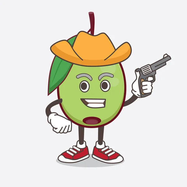 Uma Ilustração Olive Fruit Personagem Mascote Desenho Animado Segurando Arma —  Vetores de Stock