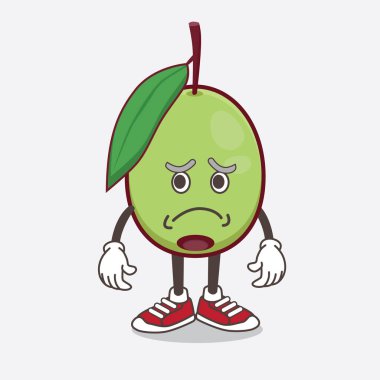 Olive Fruit çizgi film maskotu karakterinin korku dolu bir yüzü var.
