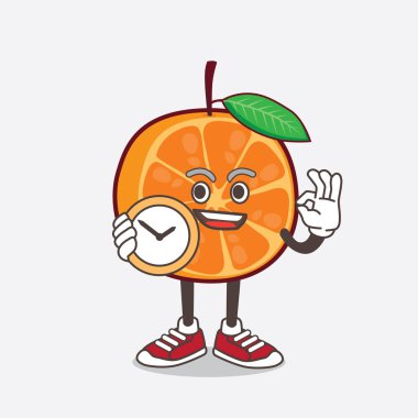 Elinde saat tutan Portakal Meyvesi çizgi film maskotu karakteri.