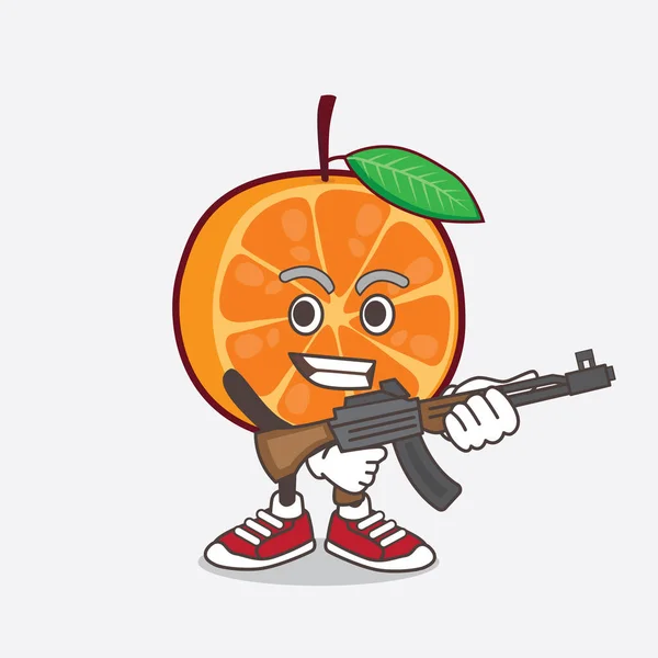 Egy Illusztráció Orange Fruit Rajzfilm Kabala Karakter Támadó Puska Géppuska — Stock Vector
