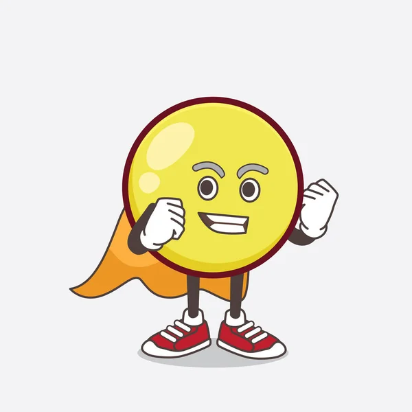 Süper kahraman gibi giyinmiş sarı top duygusal maskot karakterinin bir çizimi.