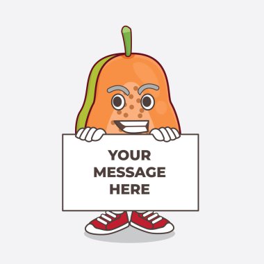 Papaya Fruit çizgi filmindeki komik suratlı maskot karakterinin çizimi bir panonun arkasında saklanıyor.