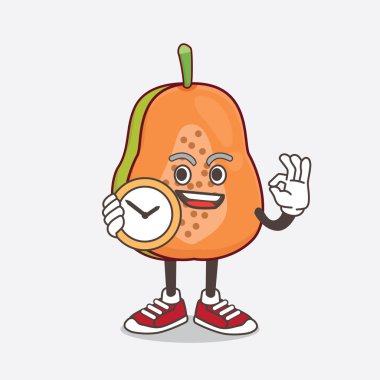 Papaya Fruit çizgi film maskotu karakterinin saat tutan bir resmi.