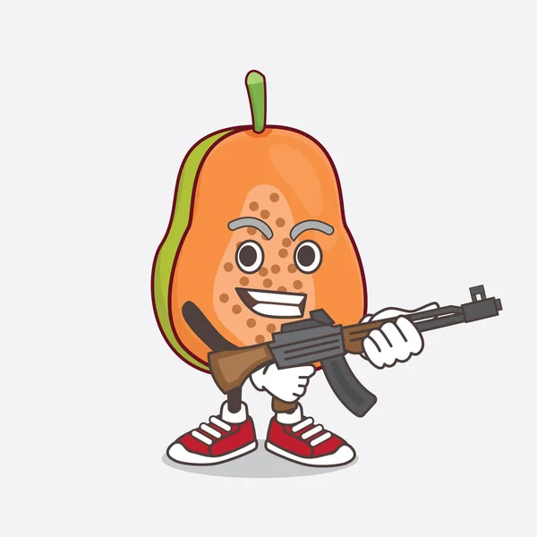 帕帕亚水果卡通吉祥物人物用冲锋枪的图解 — 图库矢量图片