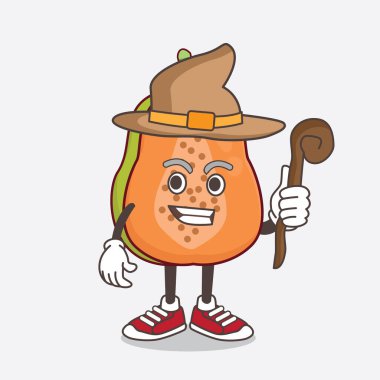 Papaya Fruit çizgi film maskotu karakterinin şapka ve asa takan bir çizimi.