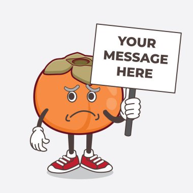 Gülen suratlı ve elinde mesaj panosu olan Persimmon Fruit çizgi film karakteri.