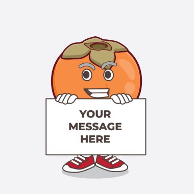 Persimmon Fruit karikatür maskot karakterinin bir çizimi. Komik yüzü bir panonun arkasında saklanıyor.
