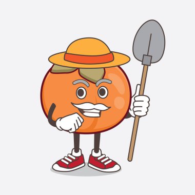 Persimmon Fruit çizgi film maskot karakterinin çizimi. Şapkası ve çiftçi aletleri var.