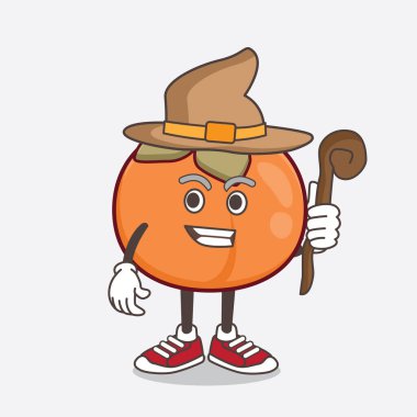 Persimmon Fruit çizgi film maskotu karakterinin şapka ve asa takan bir çizimi.