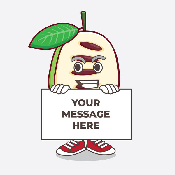 Иллюстрация персонажа мультяшного талисмана Pawpaw Fruit с забавным лицом прячется за доской
