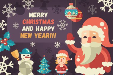 Merry Christmas and Happy New Year flat design card illistration clipart