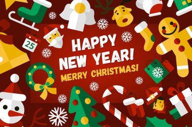 Neşeli Noel ve mutlu yeni yıl düz tasarım kart illistration