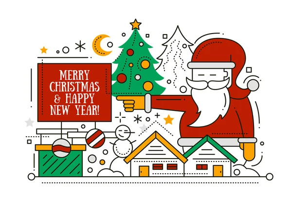 Merry Christmas and Happy New Year - line design card — Stock Vector