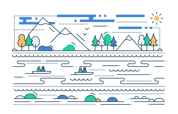 Vodní turistika - line plochý design ilustrace — Stockový vektor