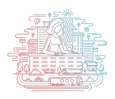 Konum çizgi düz tasarım afiş bir kadın ile gösterilen.