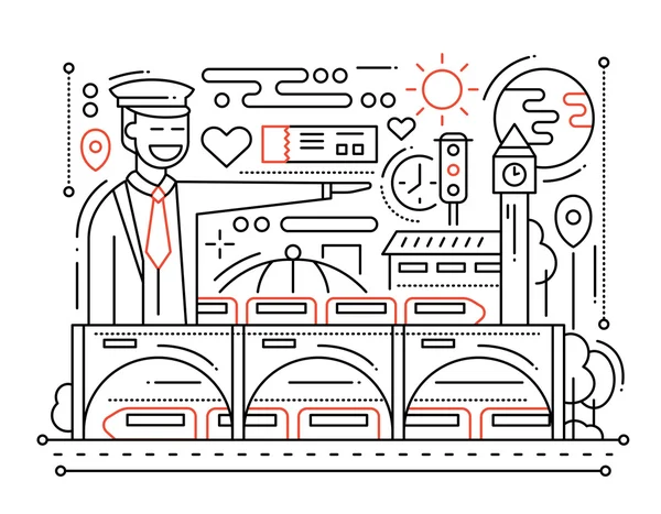 Estación de ferrocarril - composición de diseño de línea — Vector de stock