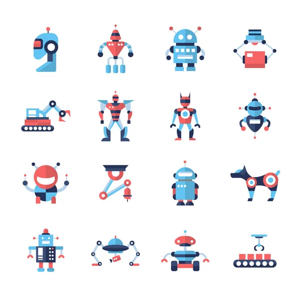 Robôs - conjunto de ícones de design plano — Vetor de Stock