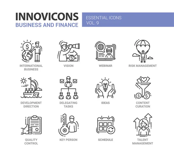 Negócios, finanças modernos ícones de design de linha fina e pictogramas — Vetor de Stock