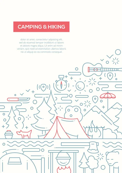 Camping y senderismo - plantilla de póster de diseño de línea A4 — Vector de stock