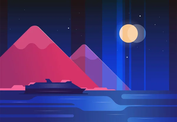 Montañas y barco paisaje nocturno - ilustración de diseño plano moderno — Vector de stock