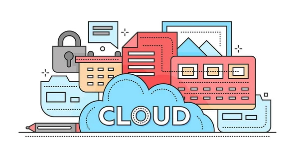 Tecnologia de armazenamento em nuvem - banner de site de design de linha plana —  Vetores de Stock