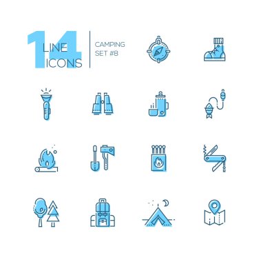 Kamp ve yürüyüş - çizgi Icons set