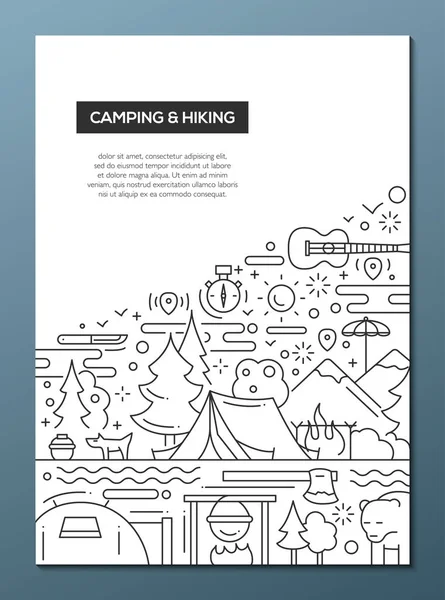 Camping y senderismo - plantilla de póster de diseño de línea A4 — Vector de stock