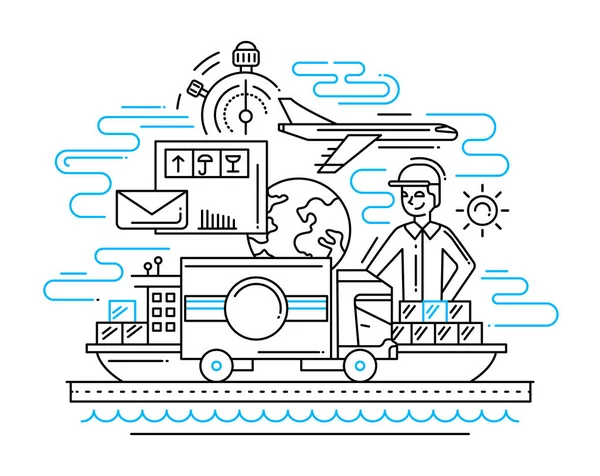男性与货物交付服务线平面设计插图 — 图库矢量图片