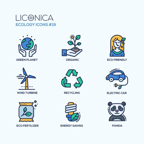 Groene ecologie - gekleurde streep aan moderne iconen set — Stockvector