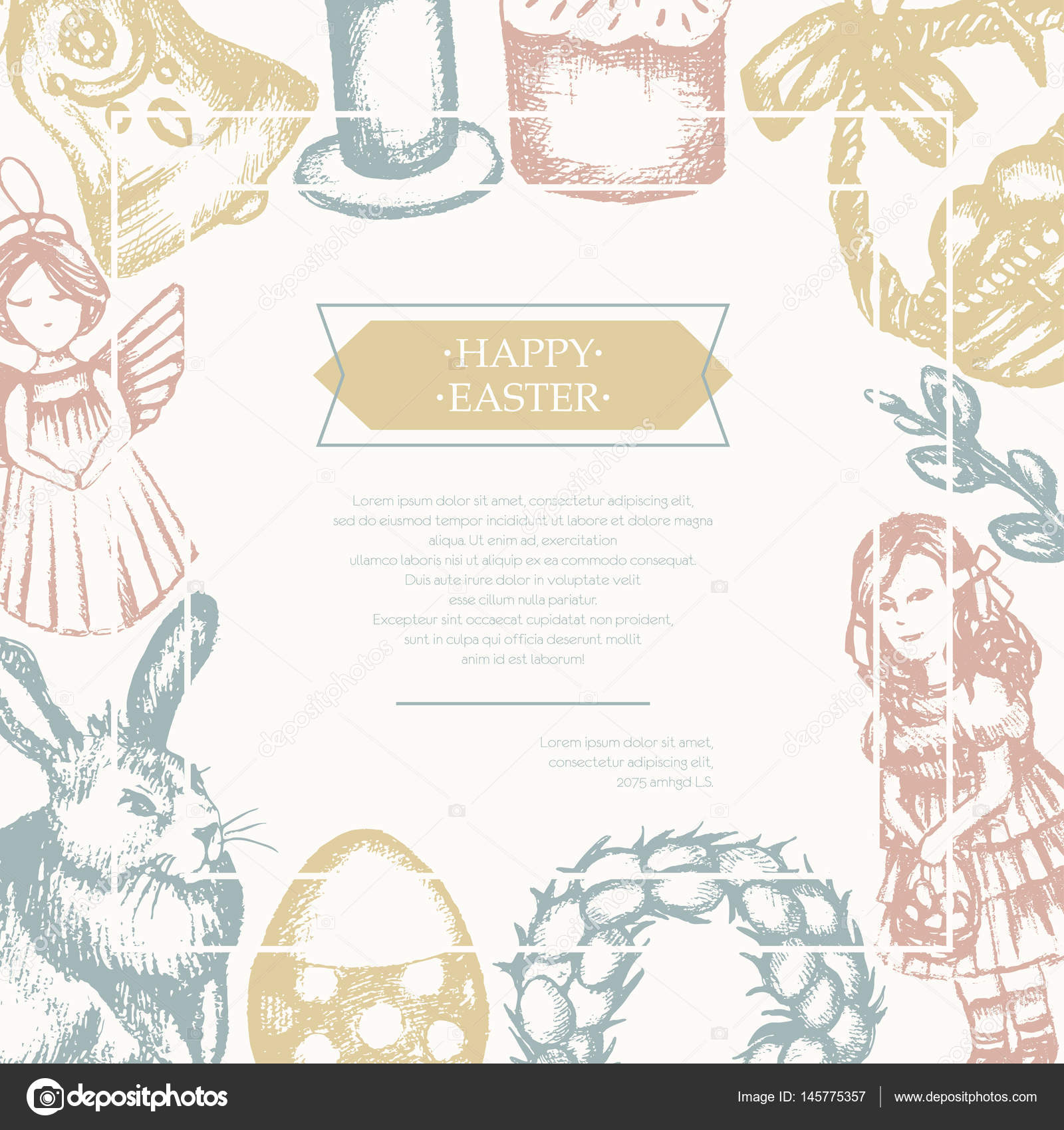 Buona Pasqua colore vettore mano disegnato posito flyer con copyspace Cesto di realistico uovo torta Angelo coroncina coniglio salice viola