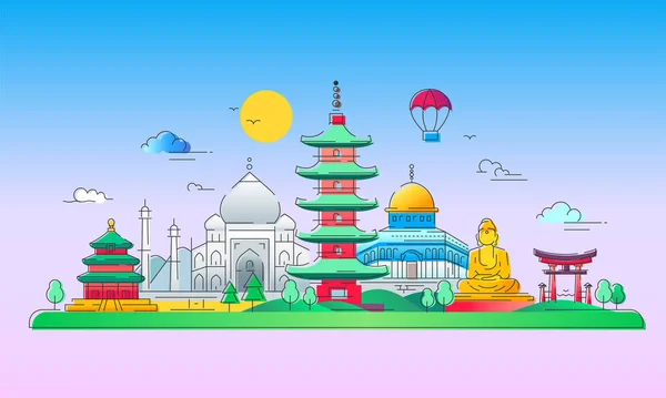 亚洲国家-矢量线旅行插画 — 图库矢量图片