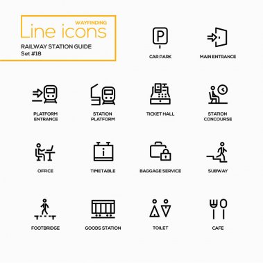 Railway Station Guide - modern vector single line icons set clipart