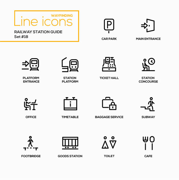 Railway Station Guide - modern vector single line icons set