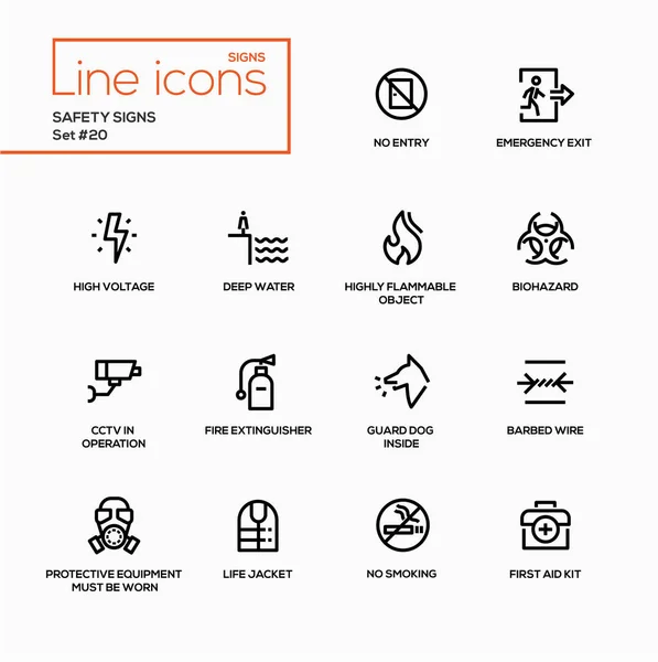 Segni di sicurezza - moderno set di icone a linea singola vettoriale — Vettoriale Stock
