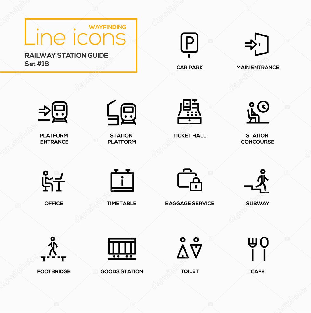 Railway Station Guide - modern vector single line icons set