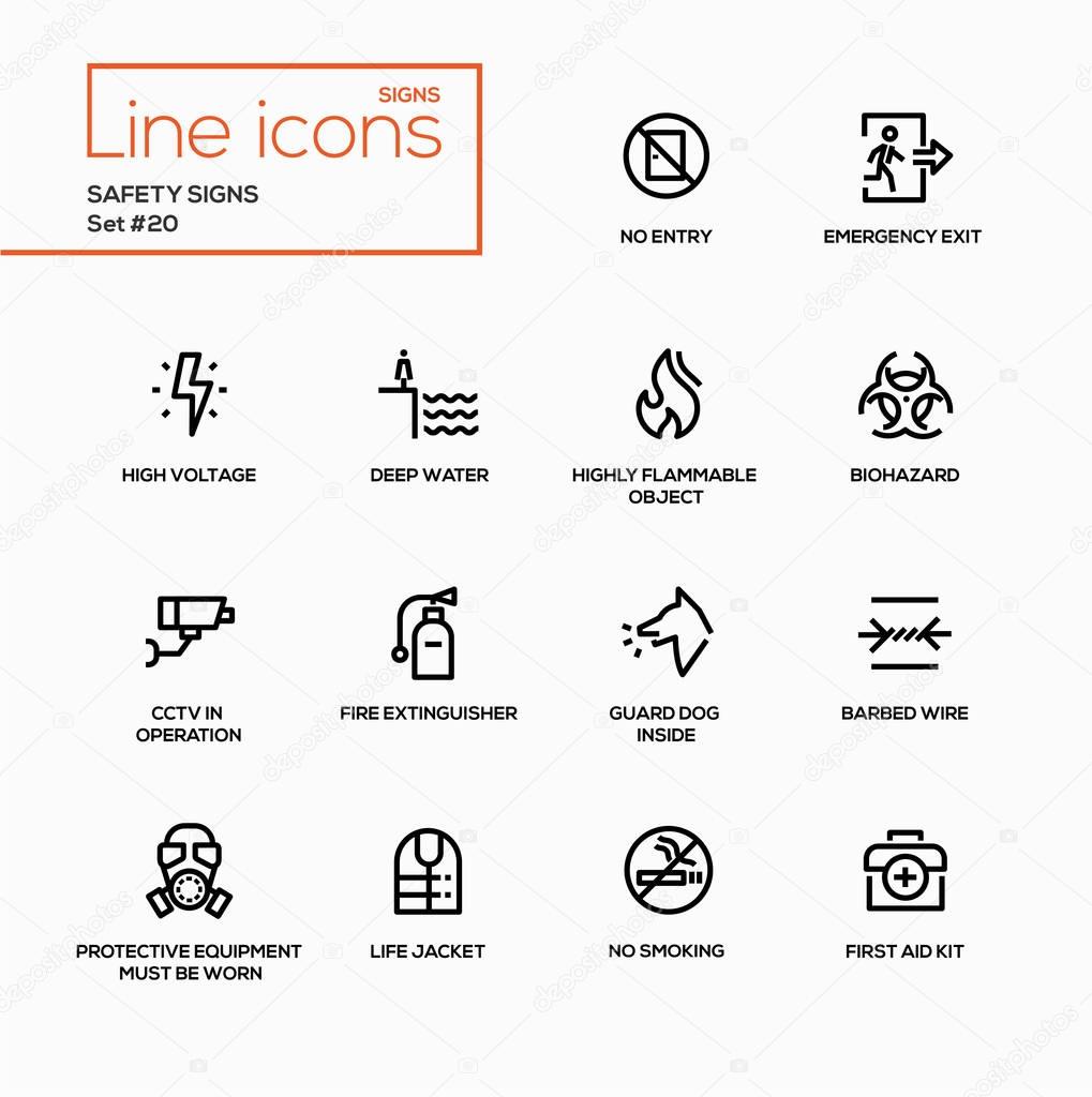 Safety Signs - modern vector single line icons set