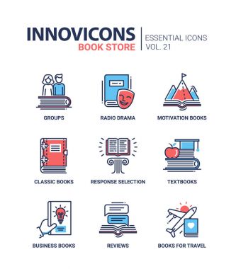 Kitap mağazaları - modern renk vektör tek satır Icons set