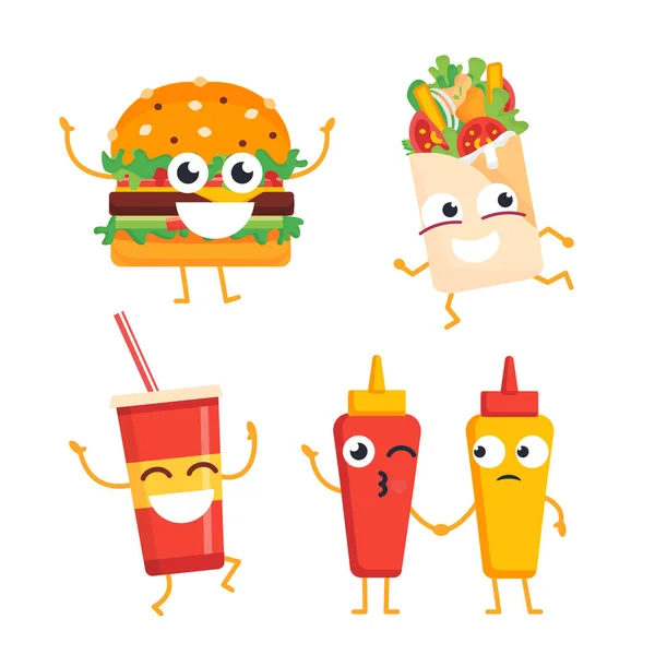 Fast Food karakterler - maskot çizimler vektör kümesi. — Stok Vektör