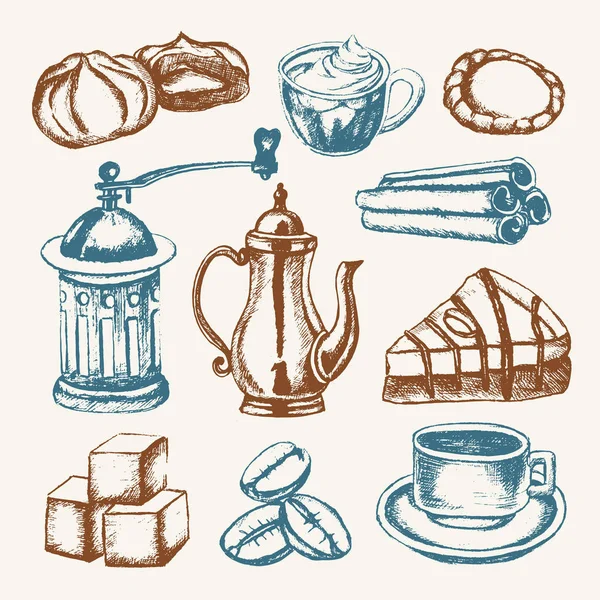 Delicious Coffee - komposisi ilustrasi gambar tangan berwarna . - Stok Vektor