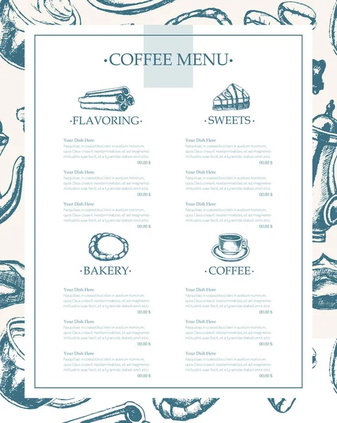 Delicioso café - menu modelo desenhado à mão monocromático — Vetor de Stock