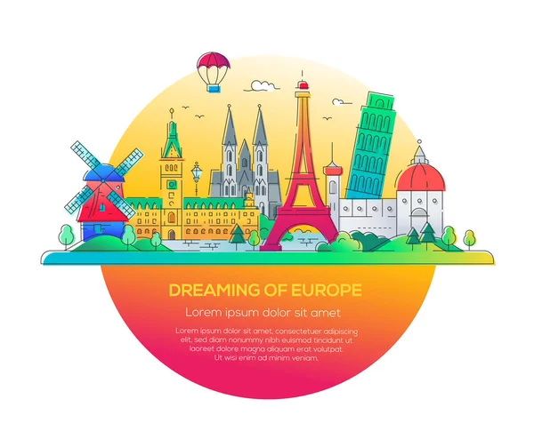 Dreaming of Europe - векторная иллюстрация путешествия по линии — стоковый вектор