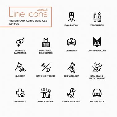 Hayvan hastalıklarıyla ilgili klinik Hizmetleri - modern vektör tek satır Icons set