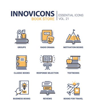 Kitap mağazaları - modern renk vektör tek satır Icons set