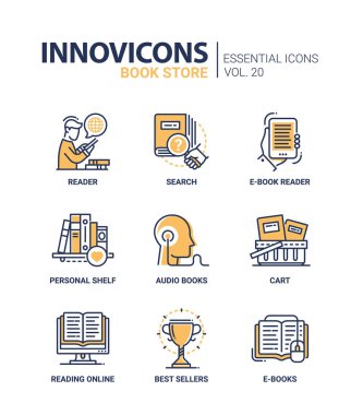 Kitap mağazaları - modern renk vektör tek satır Icon set