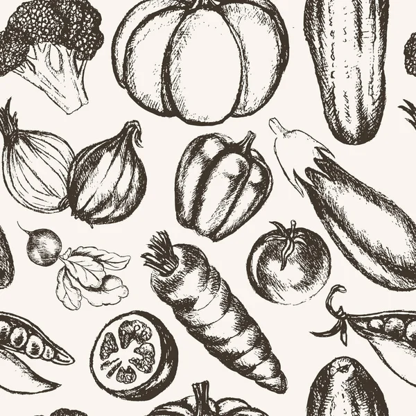 Verduras - blanco y negro dibujado a mano patrón sin costuras — Vector de stock