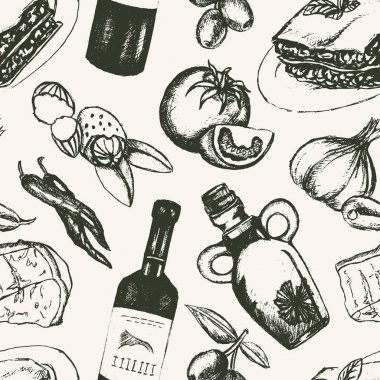İtalyan gıda - siyah ve beyaz el çekilmiş seamless modeli