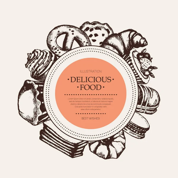 Delicious Food - banner redondo monocromático dibujado a mano . — Vector de stock