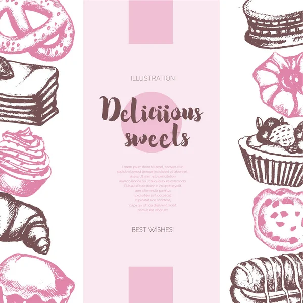 Delicious Sweets - color hand drawn composite banner. — Stock Vector