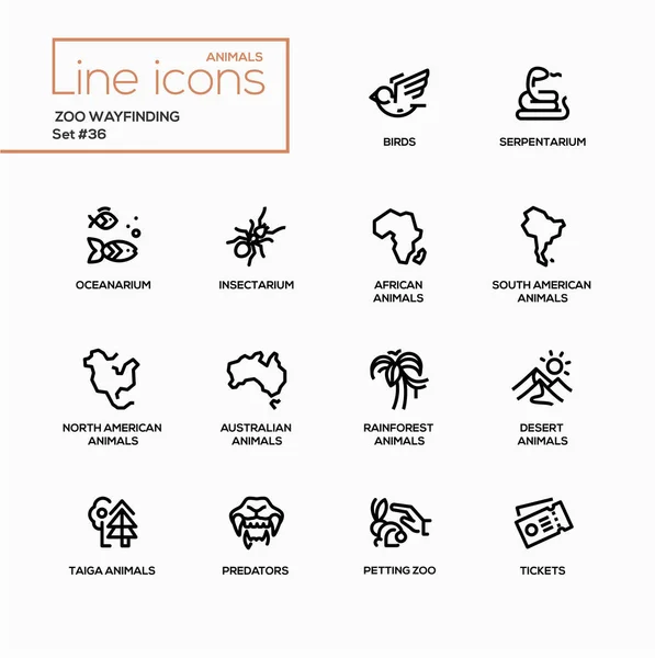 Zoo wayfinding - vector moderno conjunto de iconos de una sola línea — Vector de stock